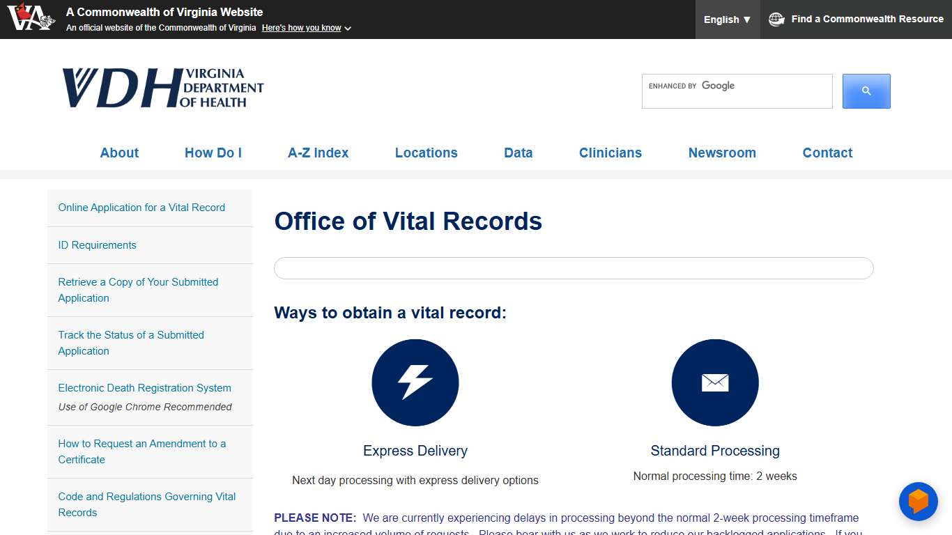 Vital Records – Virginia Department of Health