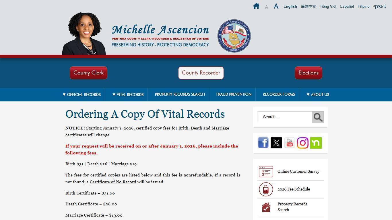 Ventura County, CA – County Clerk and Recorder / Registrar of Voters